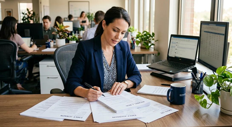 Recruiter reviewing a job application and CV to shortlist candidates